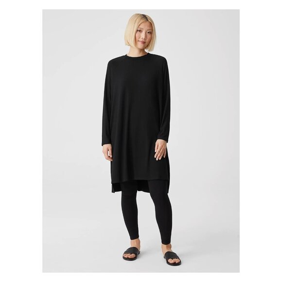 EILEEN FISHER Long Sleeve Viscose Jersey Crew Neck Dress Black - Picture 1 of 7